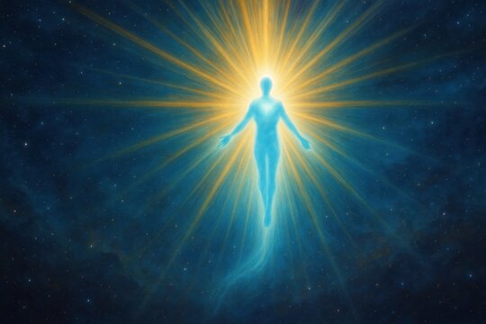 A radiant spiritual figure ascends through the cosmos, glowing with divine energy and surrounded by beams of celestial light.