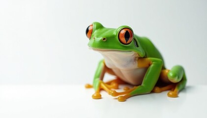Obraz premium Green tree frog perched on white, vibrant skin, white background, nature