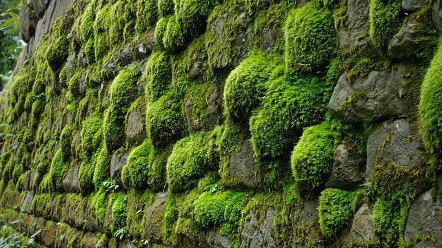 Stone Wall Covered with Lush Green Moss, Creating a Natural and Textured Surface, Rustic Charm, Forest Environment, Detailed Close-Up