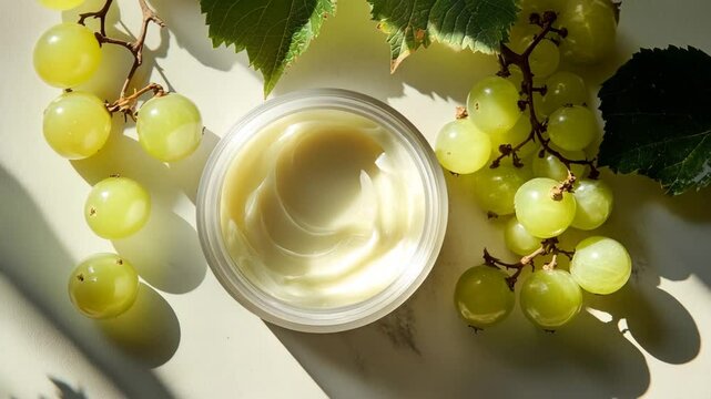 A nourishing jar of grapeseed cream surrounded by fresh green grapes and vine leaves, captured in natural sunlight to emphasize themes of skincare, wellness, and organic beauty.