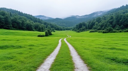 Serene valley path through lush green meadow