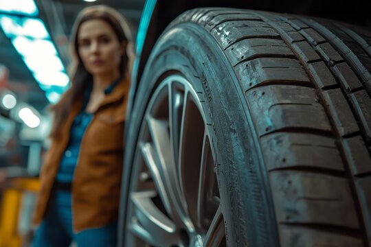 Woman in jacket stands near car tire in garage