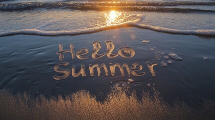 Greeting summer on a serene beach with golden waves at sunset