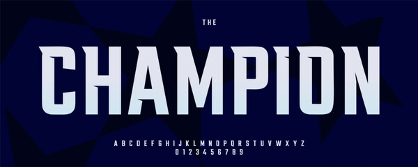 Bold Sporty Font with Sharp Edges and Strong Style, Perfect for Sports League Headlines, Poster and Title with Champion Theme, Team Jersey and T-short letters and numbers. Vector typeset.