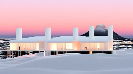 Winter in the city of Moscow shows a blue sky over commercial buildings and industrial architecture along an empty street