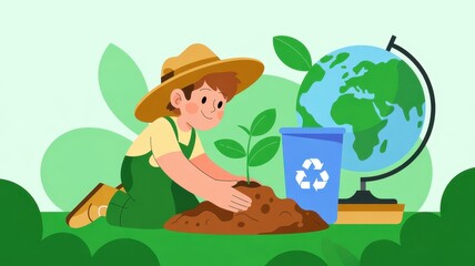 Flat-style digital illustration showing a character planting a small green sprout or tree. Recycling bin icon and a simple globe or leaf symbol nearby