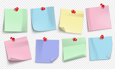 Vector note with push pin isolated on transparent background. Mockup of realistic sticky note for design.