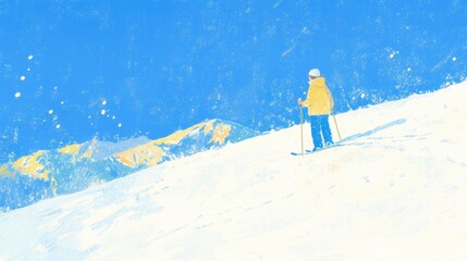 A skier standing on a snowy slope with mountains in the background