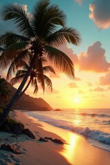 Fototapeta premium Palm trees sway in warm ocean breeze on sandy beach at sunset, sunset, tropical