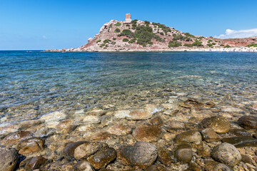 View on sea bay Cala Porticciolo gulf with Torre del Porticciolo tower in Parco Naturale Regionale...