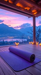 Serene mountain yoga space with a view of a lake at sunset.