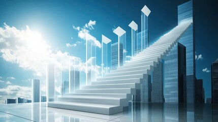 White stairway leading to the sky above a modern city