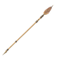 Traditional wooden spear with feathered tip on a white background.
