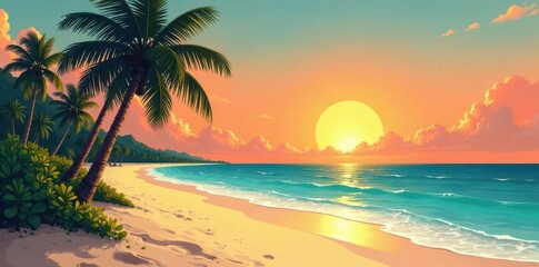 Vintage postcard style illustration of a sandy tropical ocean beach with palm trees and a distant sunset, photography, film