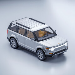 Modern silver family SUV in isometric 3D view, white studio background, PNG with transparency, toy-like design, friendly aesthetic, for ads or infographics