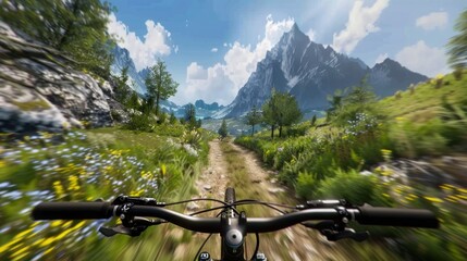 A virtual reality mountain biking trail with adjustable difficulty levels and scenery