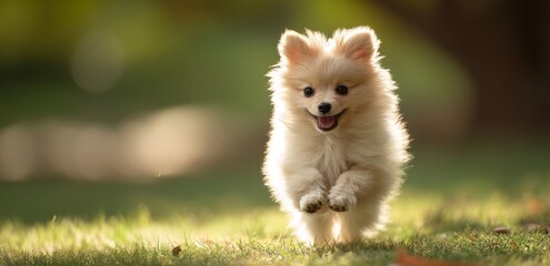 Fluffy Puppy Joyfully Leaps Across Grassy Field in Golden Sunlight