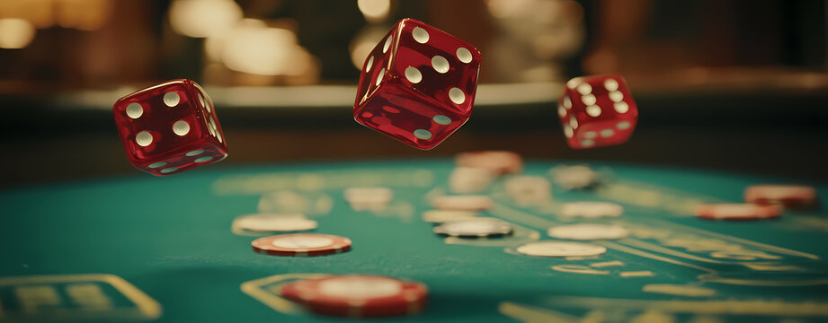 Rolling the Dice of Chance: Three vibrant red dice are suspended in mid-air above a casino table, promising the thrill of chance and potential winnings.