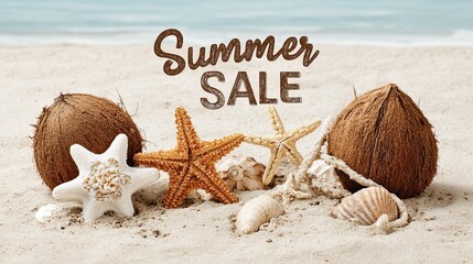 Summer sale banner with coconuts, starfish, shells and rope on beach sand