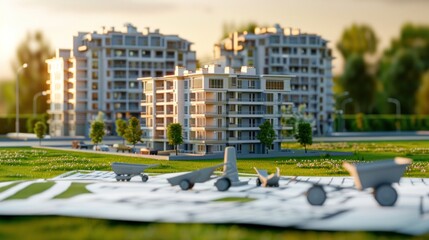 Naklejka premium Compose a photo with a central focus on the architectural blueprint and 3D models