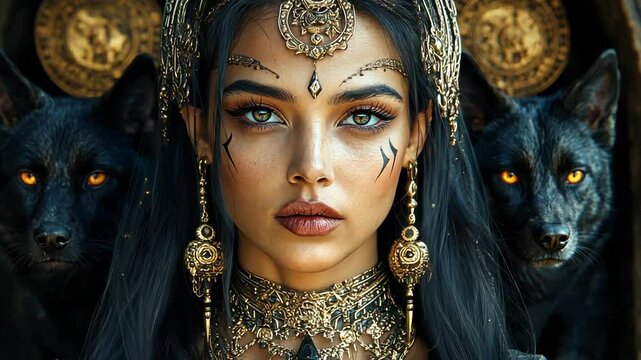 Mystical warrior woman with wolves and gold