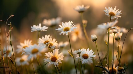Golden Sunrise over Blooming Daisies in a Peaceful Summer Meadow