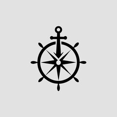 Obraz premium A vintage sailor logo showing a ship’s wheel and anchor crossed behind a compass