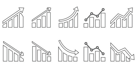 Growing bar graph icon set. Business graphs and charts icons. Diagram of increasing and decreasing profits. Growths chart collection