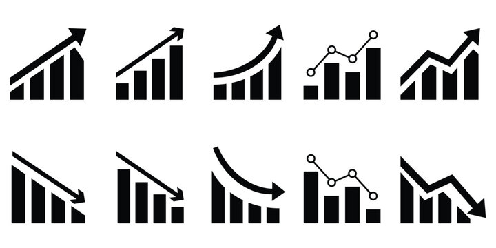 Growing bar graph icon set. Business graphs and charts icons. Diagram of increasing and decreasing profits. Growths chart collection