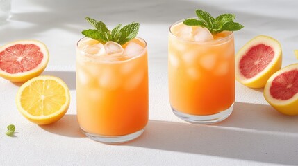 Refreshing citrus cocktail served in tall glasses, garnished with fresh mint
