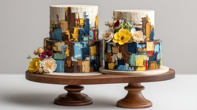 A striking wedding cake features bold abstract colors, wildflowers, and a unique checkered design across its tiers