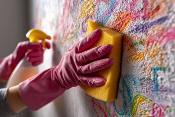 Cleaning crayon drawings from wall with pink gloves and sponge