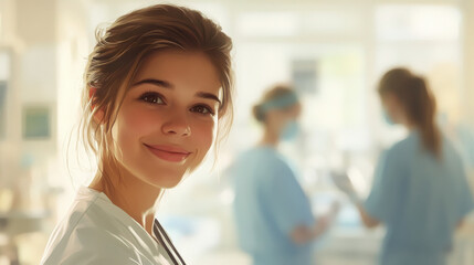 Face portrait of a young woman in medical uniform, smiling and looking ahead thoughtfully