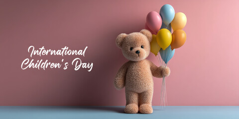Teddy bear holding colorful balloons for international children's day celebration