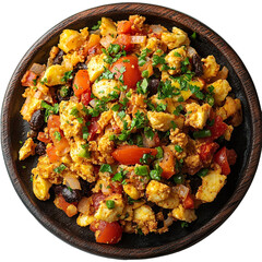 Top view of a delicious looking migas on a dark wooden plate isolated on a white transparent background.