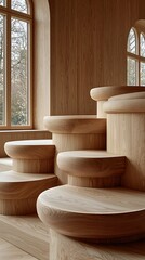 Light-filled, wooden seating steps with arched tops.