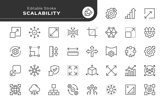 Scalability line icon set. Scale, scalable resize, scaling, stretch, expand, expansion, elasticity, scalling, adaptability, efficiency and more. Outline vector icon. Pictogram collection
