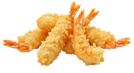 A close up shot of several pieces of golden brown tempura shrimp on a black background display food
