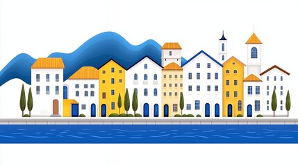 Fototapeta premium Picturesque Coastal Town Illustration Yellow and White Buildings, Blue Water