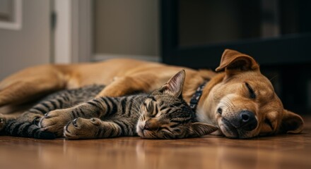 Fototapeta na wymiar Dog and Cat Sleeping Together on Hardwood Floor