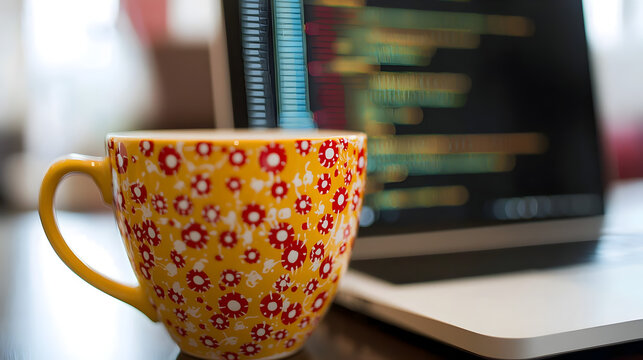 workspace with a high-tech laptop, open code editor, and a coffee cup, reflecting a modern coding environment 