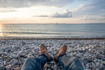 first-person perspective showcases a solitary figure sitting on a wide expanse of grey pebbles, towards the turquoise sea