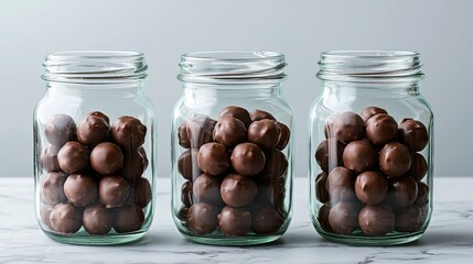 Three jars with chocolate balls fill a marble surface against gray background