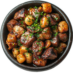 Top view of a delicious looking tapas de chistorra on a dark clay plate isolated on a white transparent background.