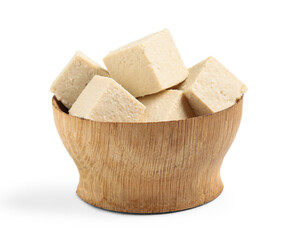 Bowl with cut tofu cheese isolated on white background