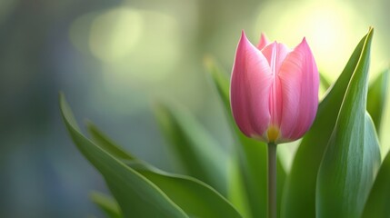 Naklejka premium Macro Photo of Pink Tulip Blooming with Green Buds | Spring Garden Close-Up & Floral Beauty in Soft Light