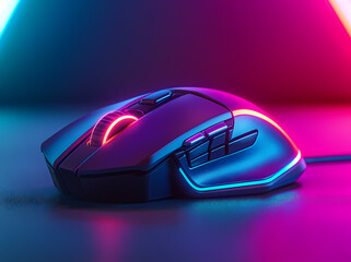 Gaming Mouse in Neon Light: A high-performance gaming mouse with RGB lighting rests on a dark surface, illuminated by vibrant neon pink and blue lights.
