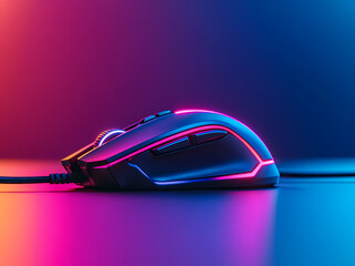 Illuminated Gaming Mouse: A high-tech gaming mouse is bathed in vibrant neon light. Showcasing sleek design. This image captivates the energy of the gaming world. 