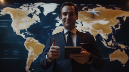 Businessman Holding Tablet with Success Text and World Map Background