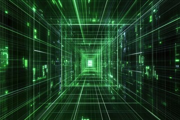 A futuristic digital tunnel constructed with green glowing lines